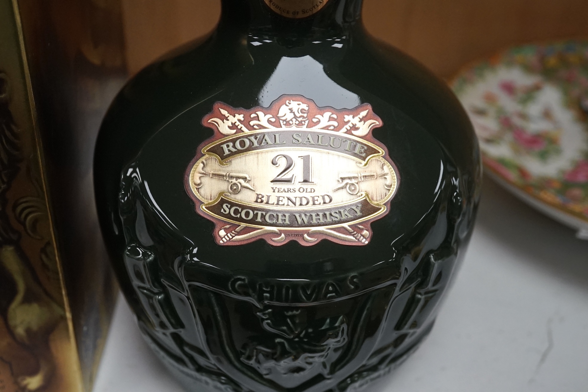 A boxed bottle of Chivas Brothers Royal Salute 21 year old blended scotch whisky, Emerald Flagon, with velvet bag. Condition - good, some minor wear to box